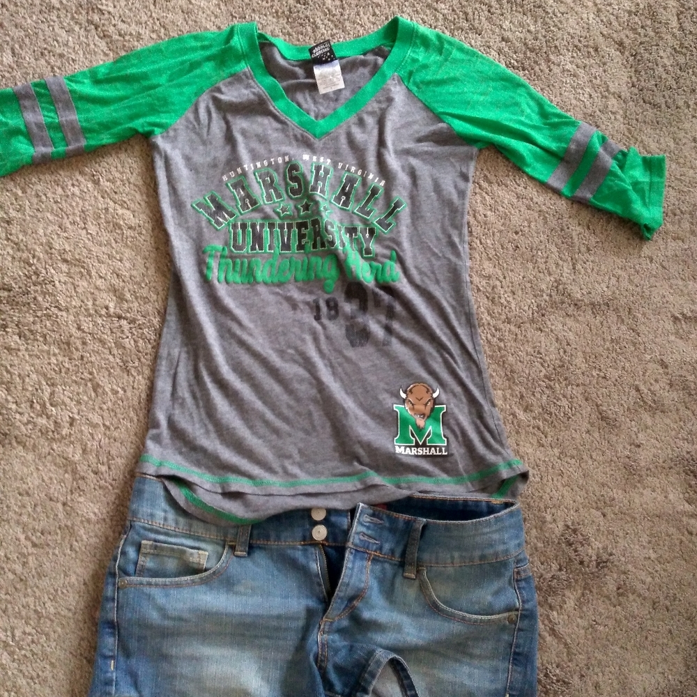 MU shirt and Jean shorts